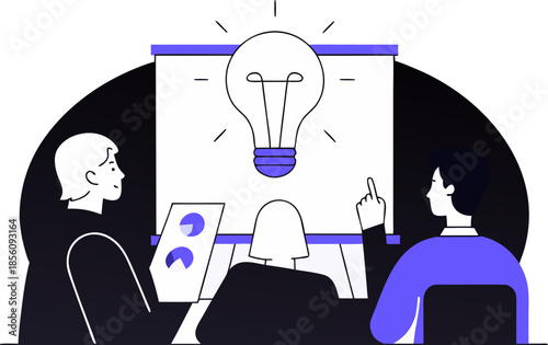 Flat Modern Vector Illustration of Office Brainstorming – Minimal Team Idea Concept