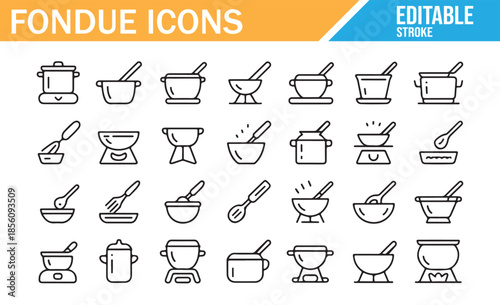 Cheese and chocolate melting pot set. Vector linear icons for kitchen and restaurant menus.