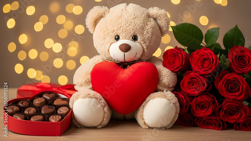 Romantic valentine s day gift set with teddy bear and red roses