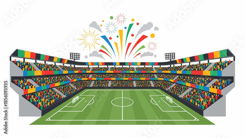 Football stadium with festive fireworks and cheering crowd