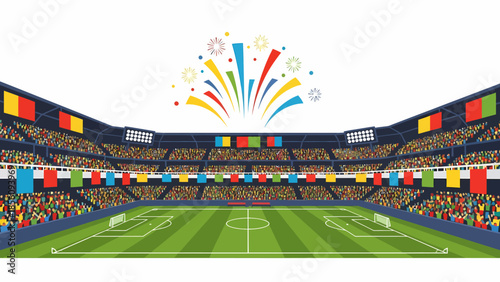 Grand football stadium interior with flags and celebration