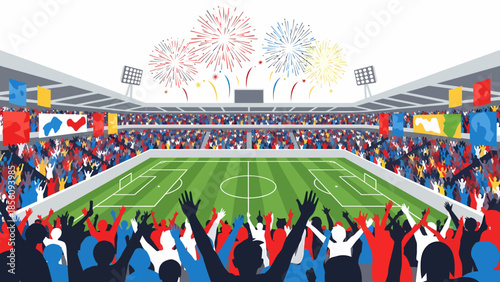 Crowd of fans cheering in football stadium with fireworks