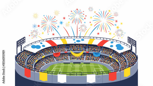 Isometric view of round football arena with fireworks display