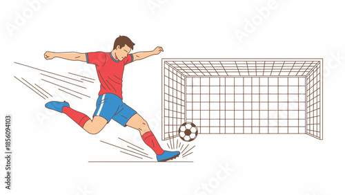 Soccer player kicking ball towards empty goal post