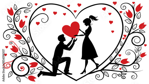 A romantic silhouette illustration of a man presenting a heart to a woman within a floral frame