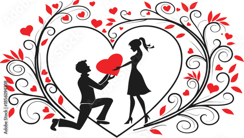 Romantic proposal with a man on one knee offering a red heart to a woman, framed by decorative swirls.