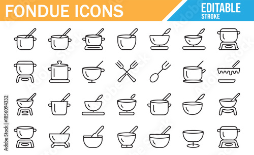 Fondue line icon set. Vector collection of cheese and chocolate melting pots and forks.