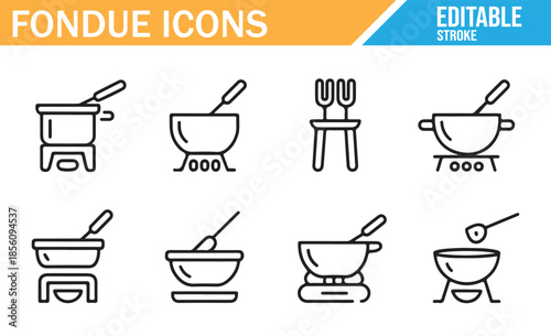 Fondue icon set collection. Minimal line art vector illustrations of Swiss cheese and chocolate melting pots, cookers, burners, and dipping forks. Editable stroke outline style graphic symbols.