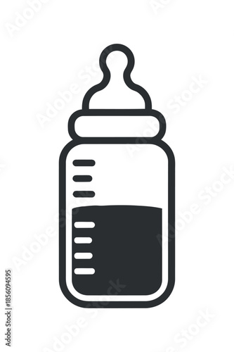 A simple black and white line drawing depicts a baby bottle filled with liquid showing a clear outline