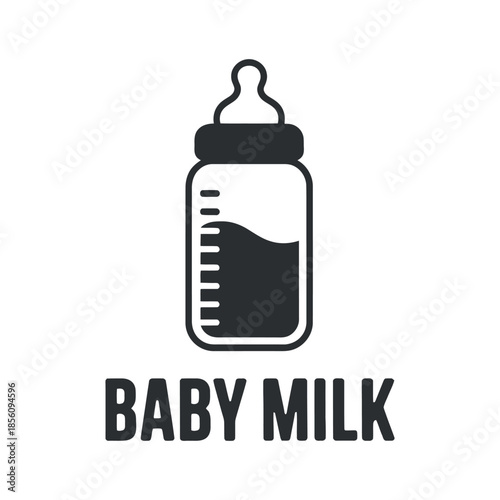A simple black and white illustration depicts a baby bottle filled with liquid accompanied by text labeling it as baby