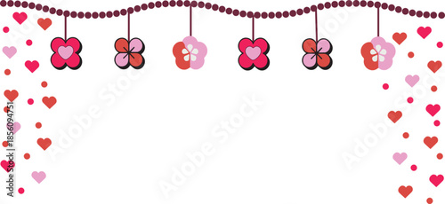 Hanging Valentine Heart and Flower Garland Border with Cute Romantic Decoration