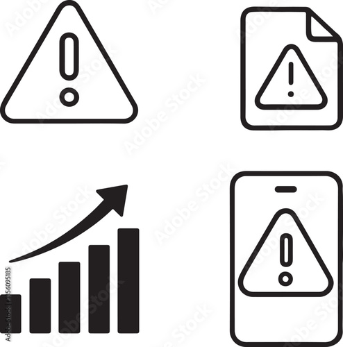 Warning signs document data analysis and mobile alert symbols in black and white