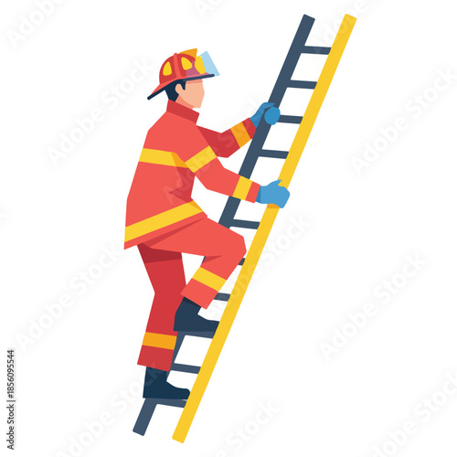 Firefighter Climbing a Ladder in Uniform, Illustration