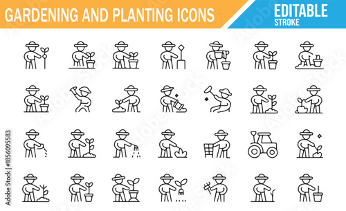 Outline illustrations of gardening equipment and activities.