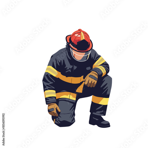 Firefighter in Protective Gear Kneeling, Vector Illustration