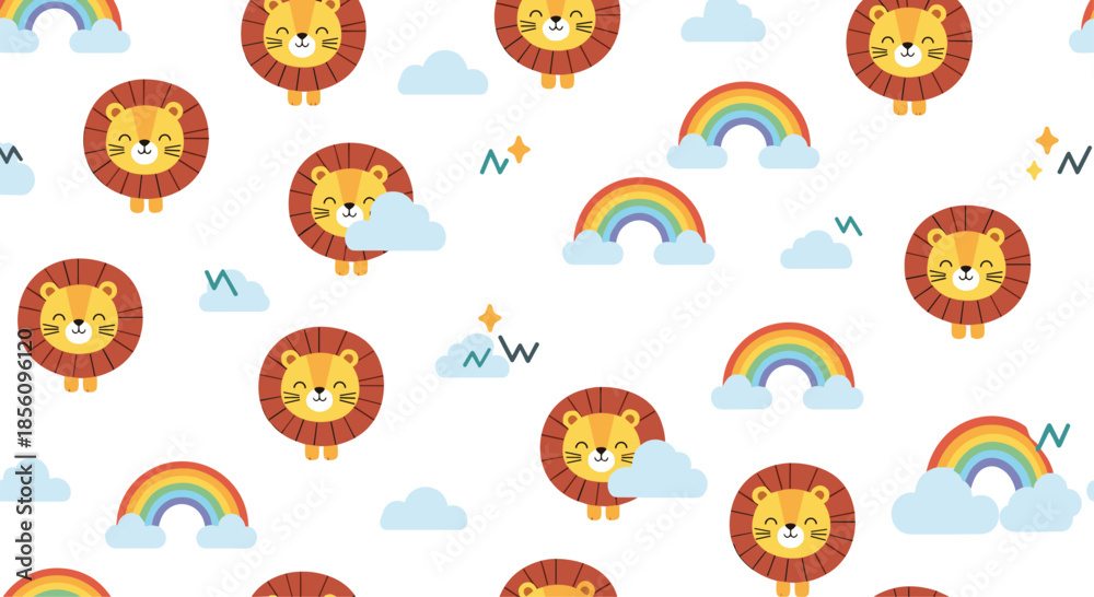 Obraz premium Seamless pattern featuring cute lion faces, colorful rainbows, and fluffy clouds on a white background for nursery wallpaper and fabrics.