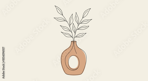 Minimalist line art drawing of a leafy plant in a modern vase with an abstract circle detail on a soft cream background.