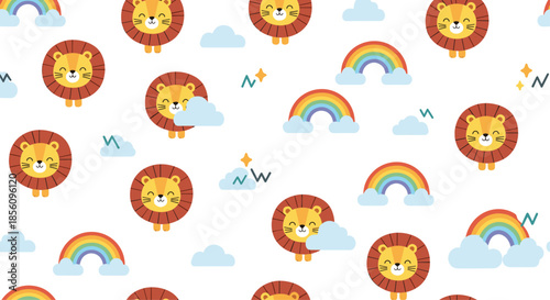 Seamless pattern featuring cute lion faces, colorful rainbows, and fluffy clouds on a white background for nursery wallpaper and fabrics.