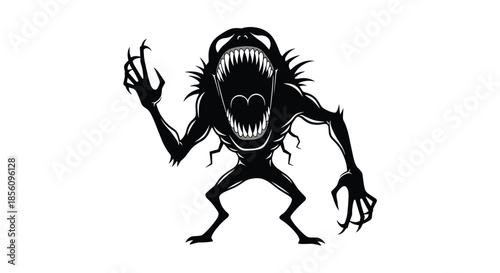 Menacing black monster silhouette with sharp teeth and claws leaping forward in a dramatic comic book style illustration.