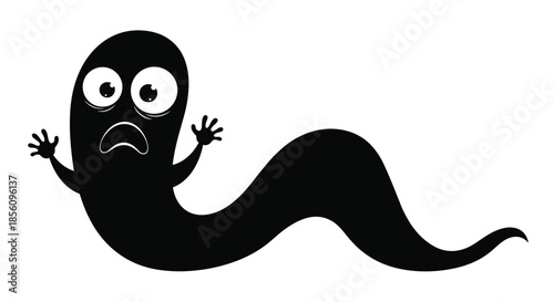 Funny black ghost silhouette with a shocked expression and wavy body floating in a simple minimalist illustration for Halloween.