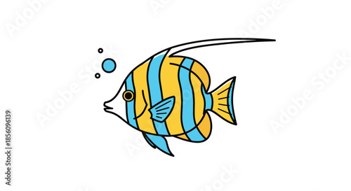Vibrant yellow and blue striped tropical fish swimming with small bubbles in a clean and modern cartoon illustration style.