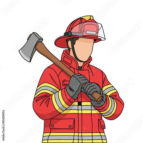 Firefighter in Red Uniform Holding an Axe, Vector Illustration