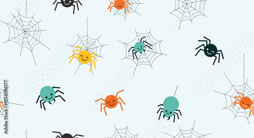 Cute seamless pattern of colorful smiling spiders and their webs on a light blue background perfect for playful Halloween decor.