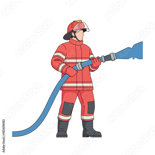 Firefighter in Red Uniform Holding Water Hose, Vector Illustration