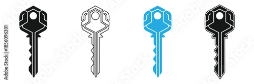 Set of modern key icons in black, white, and blue colors