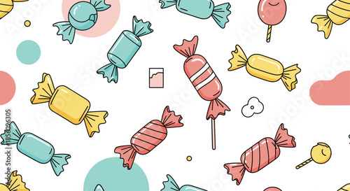 Playful seamless pattern with various wrapped candies and lollipops in pastel colors on a white background with abstract shapes.