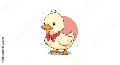 Adorable baby duck character wearing a red bow around its neck standing against a soft pink circle on a white background.