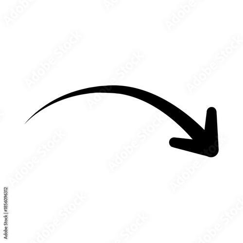 Minimalist Smooth Curved Arrow Icon; Black Vector Graphic Symbol for Navigation, Directional Pointer, Downward Transition, and Simple Flow Indicator isolated on White Background