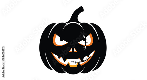 Spooky black pumpkin silhouette with orange glowing eyes and a stitched mouth for a creepy halloween decoration theme.