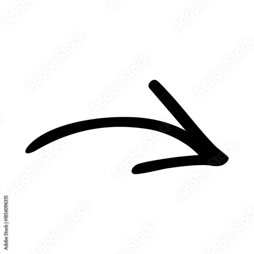 Black Hand-Drawn Curved Arrow Icon; Minimalist Sketch Vector Graphic for Navigation, Directional Pointer, Creative Design Accents, and Informal Workflow Indicators isolated on White Background