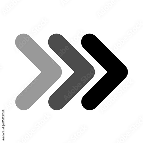 Abstract Triple Forward Arrowheads Icon in Grayscale Gradient; Minimalist Modern Directional Graphic Symbol for Fast Forward, Acceleration, and Progress isolated on White Background