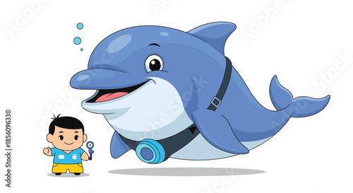 Friendly cartoon dolphin wearing a harness swimming next to a small smiling boy with bubbles on a white background.