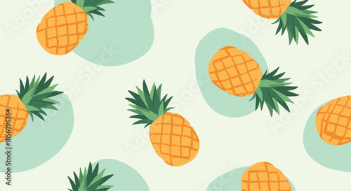 Tropical seamless pattern featuring whole pineapples and light blue organic shapes on a soft green background for summer.
