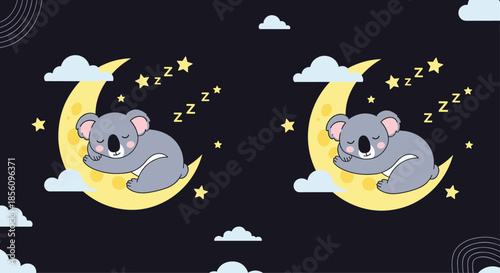 Repeated pattern of two cute koala characters sleeping on yellow crescent moons with stars in a dark night sky.
