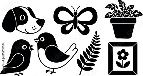 Silhouette vector of dog bird butterfly plant and flower framed art vector illustration 
