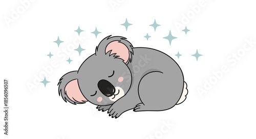 Peaceful sleeping koala character curled up and dreaming under a canopy of shining blue stars on a white background.