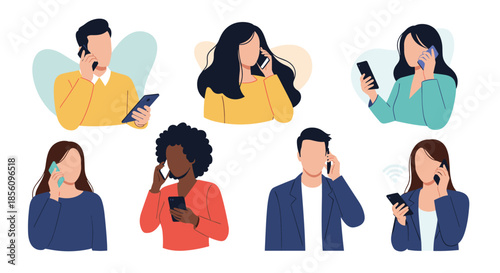 Diverse collection of men and women using smartphones for calling messaging and internet browsing in flat design style.