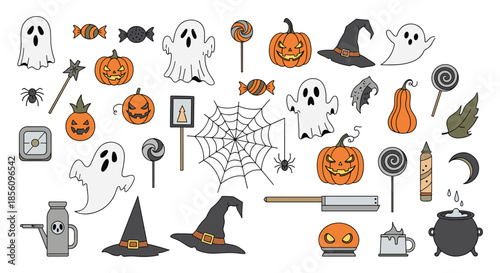 Collection of various halloween icons featuring spooky ghosts, carved pumpkins, witches hats, sweet candies, and creepy spider webs.