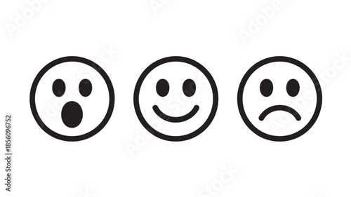 Emoticon Set with Surprised, Happy, and Sad Faces in Simple Black and White Design for Digital Emoticons