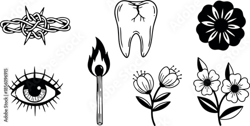 Set of black and white hand-drawn tattoo style symbols including eye, tooth, flower, and matchstick vector 