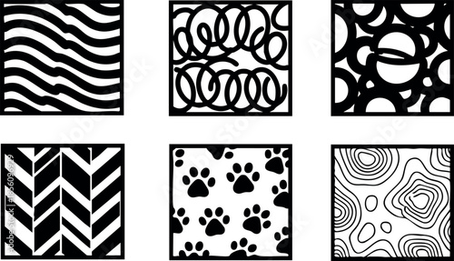 Set of six black and white abstract seamless patterns with paw print and geometric designs vector 