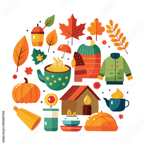 A simple flat vector illustration of pumpkins, squash, acorns, and autumn leaves. A seasonal harvest design perfect for Thanksgiving, fall decor, woodland themes, and cozy rustic backgrounds.

