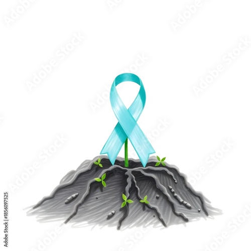 Cancer Awareness Ribbon Growing from Soil Symbolizing Resilience, Strength, and New Hope