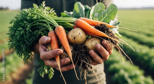 Farmer's hands holding freshly harvested organic carrots and potatoes with dirt in a green field