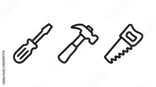Hand tools illustration in minimalist style with black outline on white background for DIY projects