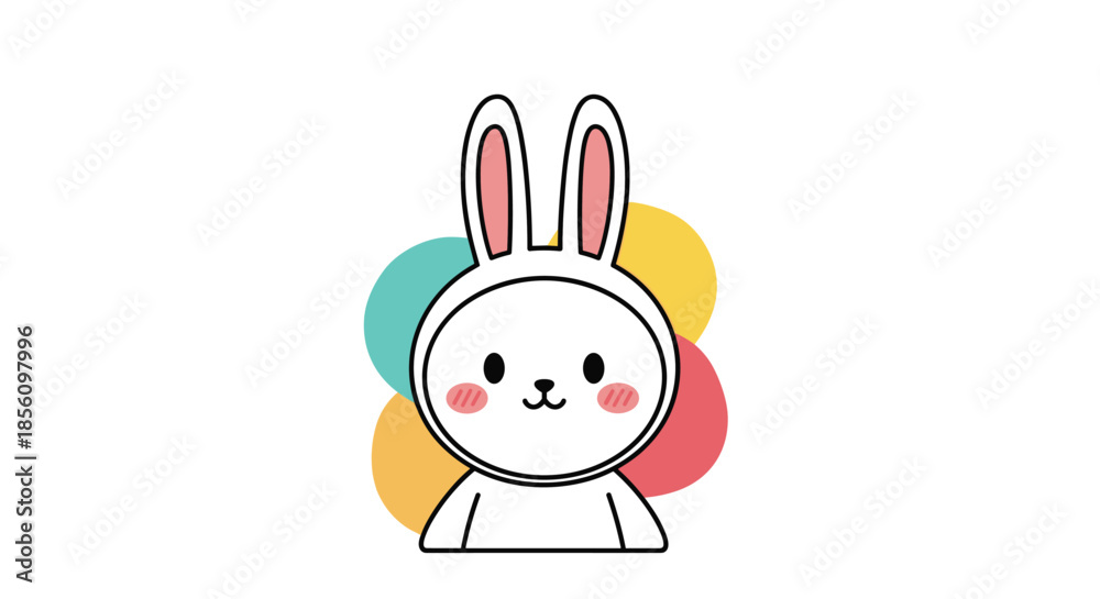 Fototapeta premium Adorable illustration of a white rabbit character with rosy pink cheeks centered on a background of bright colorful overlapping circles.